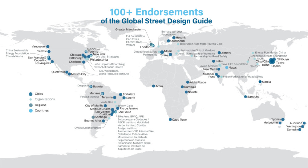 Map of the world highlighting cities, regions, and countries that have endorsed the Global Streets Design Guide