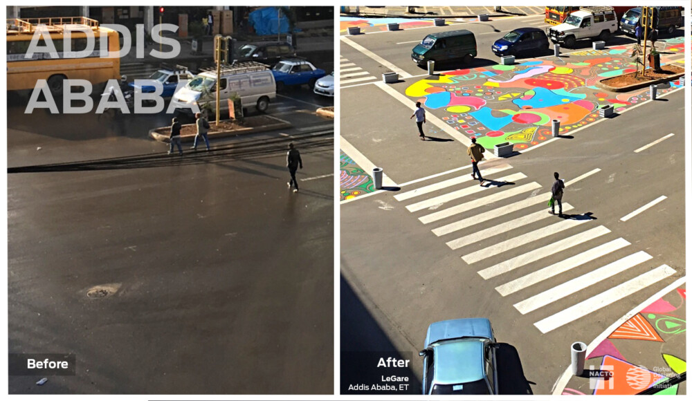 Image of a large intersection turned into a safer space for pedestrians