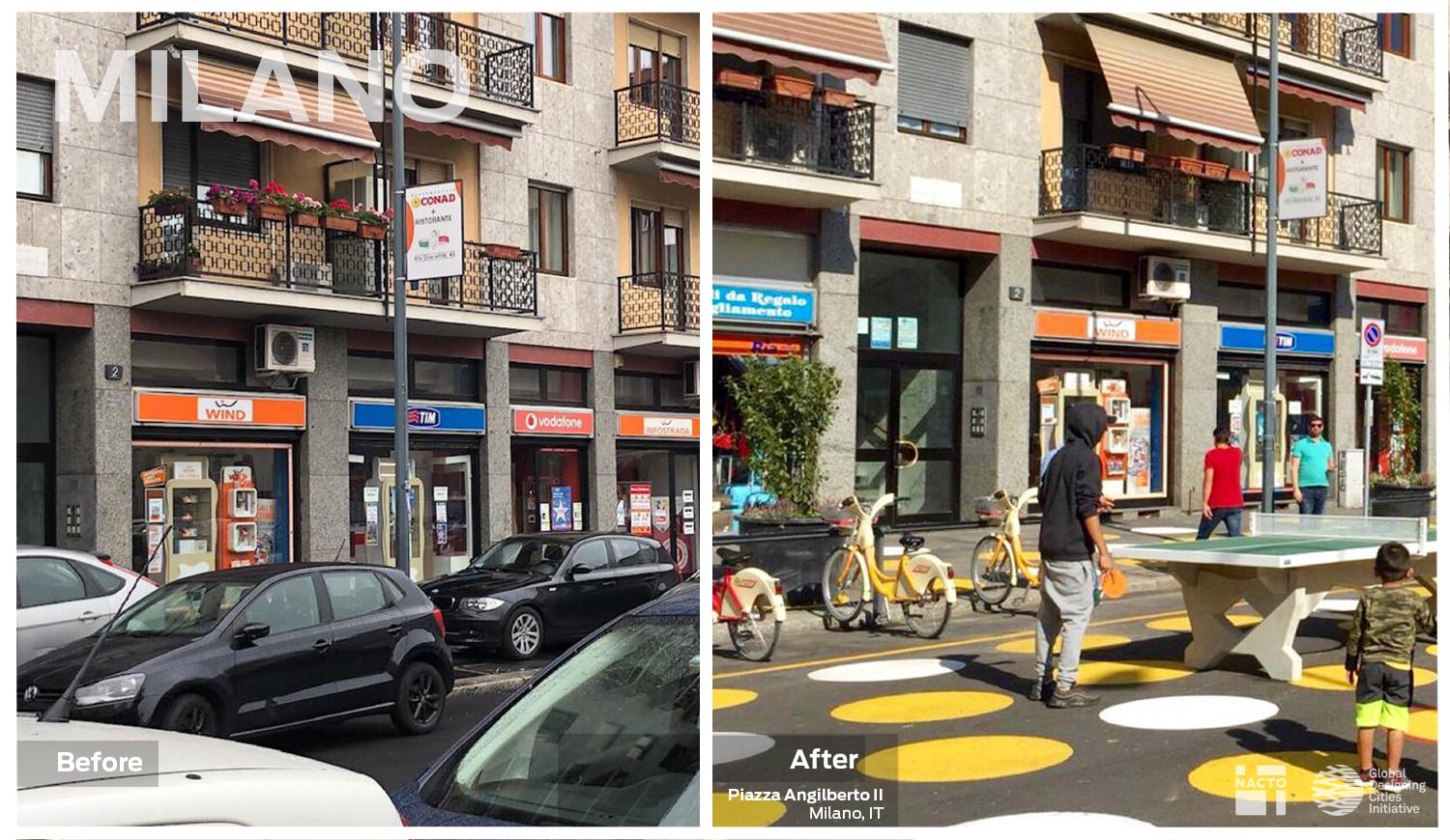 An image of a parking lot turned into a public space in Milan